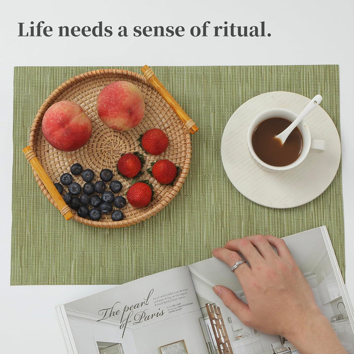 Pea Green Placemats Set of 4 - Heat Resistant Non - Slip Place mats for Dining Table, Washable Durable PVC Vinyl Woven Table Mats - Just Closeouts Canada Inc.