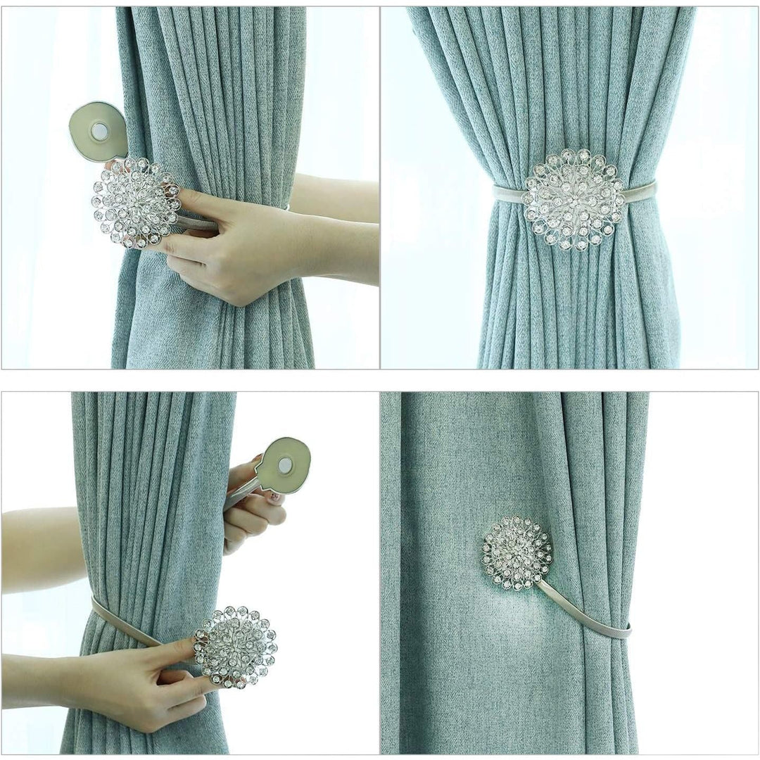 Pinowu Magnetic Crystal Flower Curtain Tiebacks (2 Pack), Decorative Curtain Holdback Buckle Clips with Stretchable String Rope for Bedroom, Living Room, Office - Just Closeouts Canada Inc.