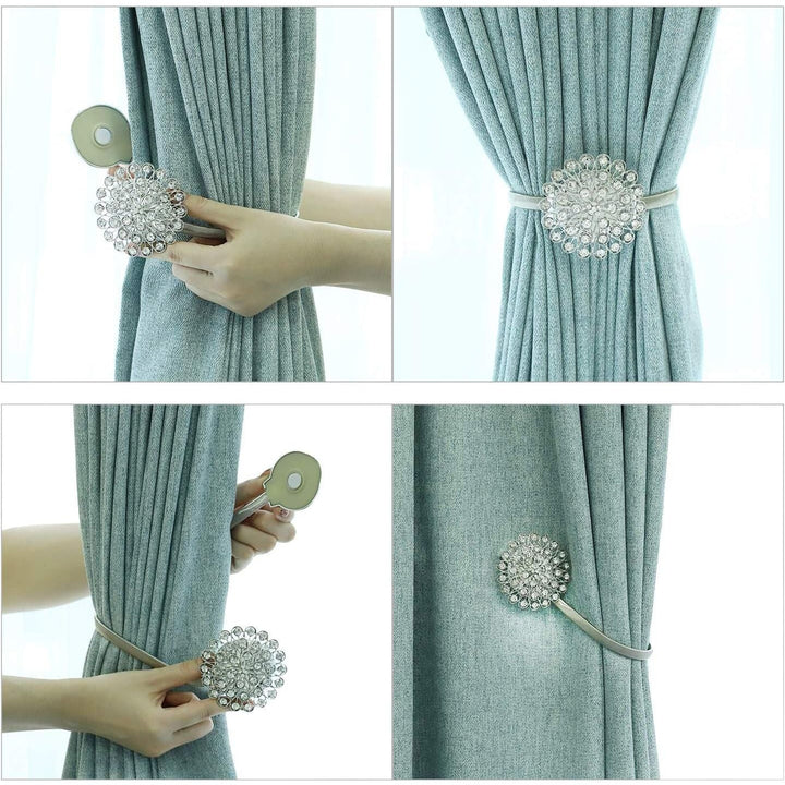 Pinowu Magnetic Crystal Flower Curtain Tiebacks (2 Pack), Decorative Curtain Holdback Buckle Clips with Stretchable String Rope for Bedroom, Living Room, Office - Just Closeouts Canada Inc.