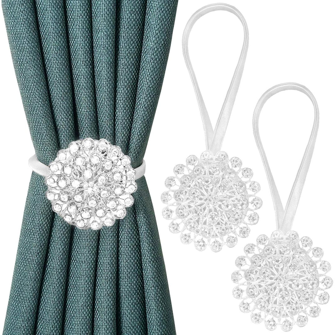 Pinowu Magnetic Crystal Flower Curtain Tiebacks (2 Pack), Decorative Curtain Holdback Buckle Clips with Stretchable String Rope for Bedroom, Living Room, Office - Just Closeouts Canada Inc.