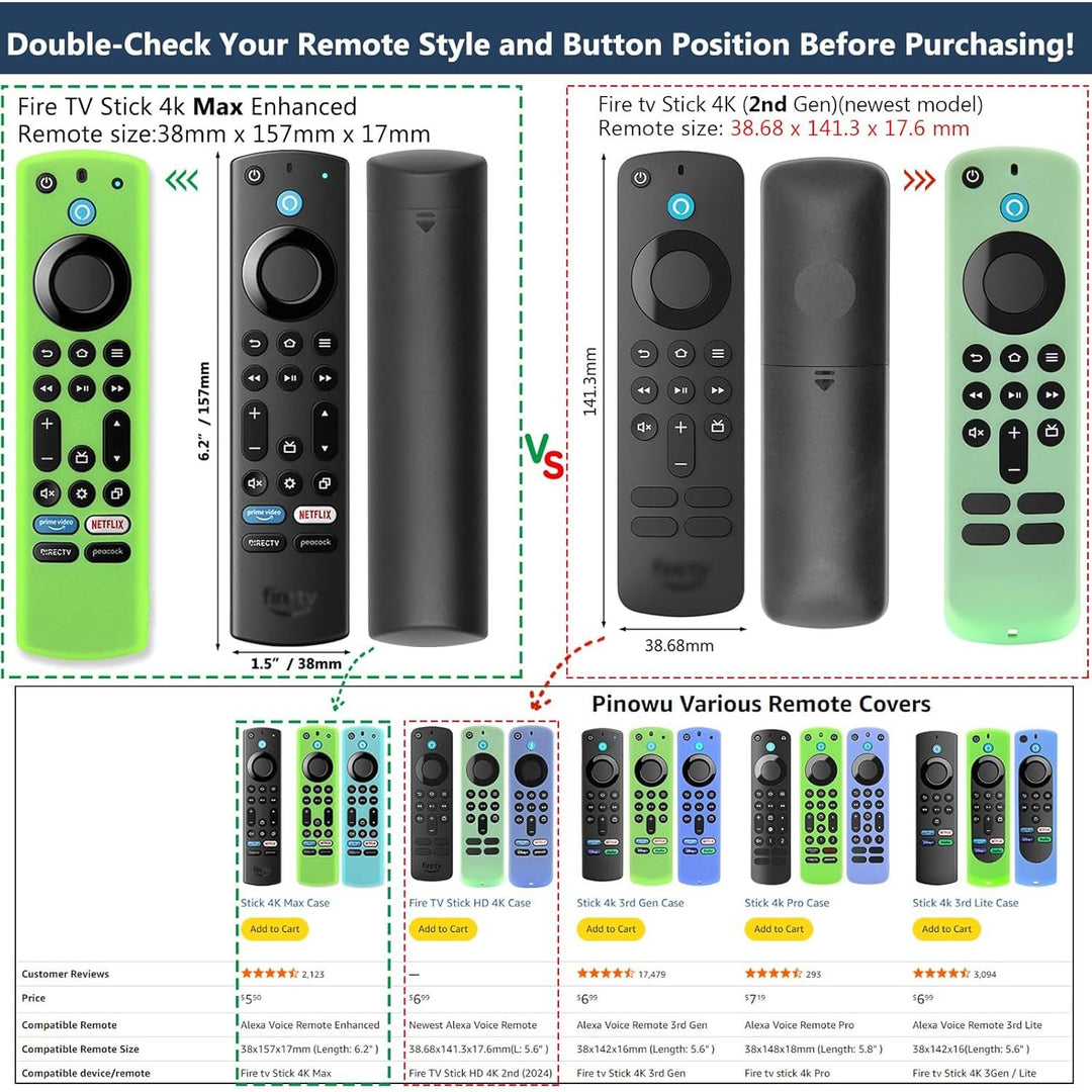 Pinowu Silicone Remote Case (2pcs, Glow in The Dark) for Firestick 4K Max/Toshiba/Insignia/Pioneer/Omni (QLED) Series Alexa Voice Remote Enhanced w/Lanyard - Just Closeouts Canada Inc.