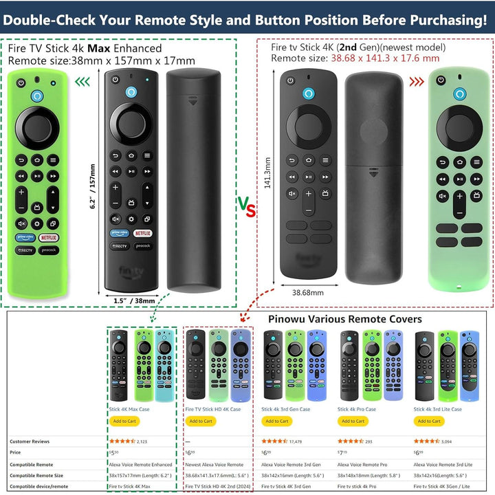 Pinowu Silicone Remote Case (2pcs, Glow in The Dark) for Firestick 4K Max/Toshiba/Insignia/Pioneer/Omni (QLED) Series Alexa Voice Remote Enhanced w/Lanyard - Just Closeouts Canada Inc.