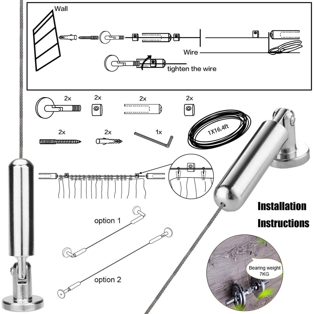 Pinowu Wall Mount Curtain Wire Rod Set for Art Display - Stainless Steel Photo Hanging Wire Clothesline Wire Window Curtain Tension Wire Multi - Purpose Crafts Organizer (5 Meter) - Just Closeouts Canada Inc.