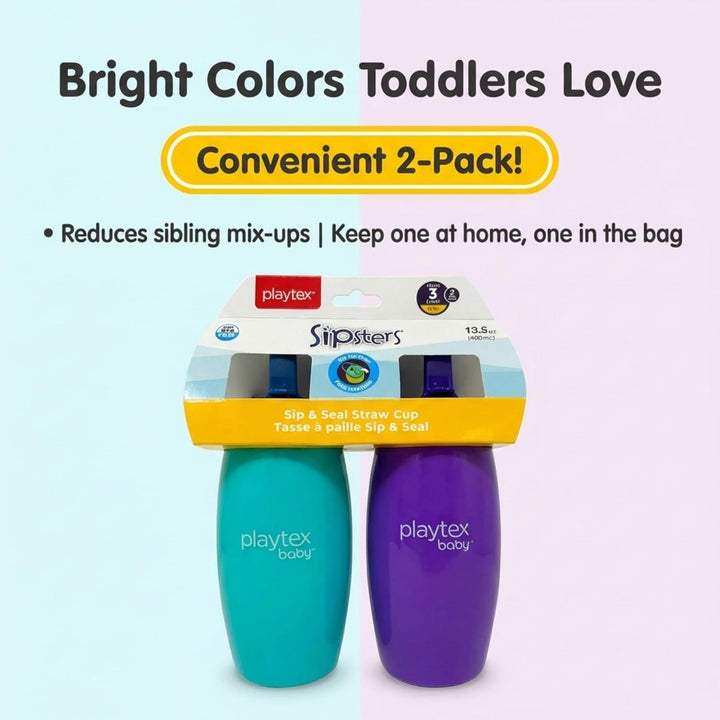 Playtex Baby Sip & Seal Straw Cups, 2 - Pack – 13.5oz (400mL) Toddler Sippy Cups with Flip - Top Straw, BPA - Free, Spill - Proof, Easy Clean, for 12 Months+, Purple & Cyan - Just Closeouts Canada Inc.