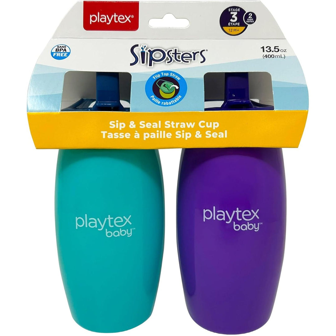 Playtex Baby Sip & Seal Straw Cups, 2 - Pack – 13.5oz (400mL) Toddler Sippy Cups with Flip - Top Straw, BPA - Free, Spill - Proof, Easy Clean, for 12 Months+, Purple & Cyan - Just Closeouts Canada Inc.