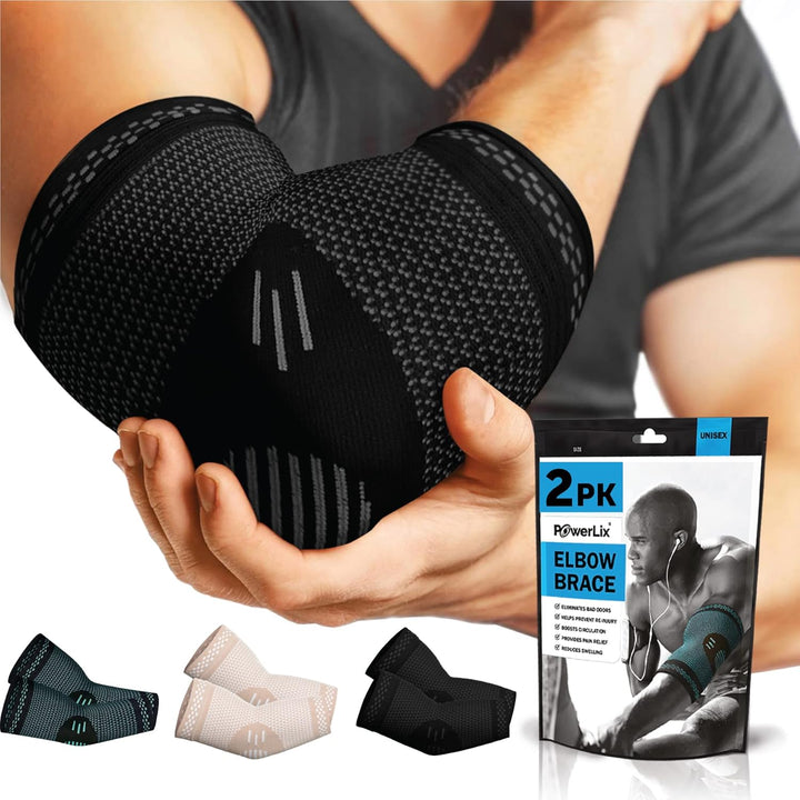 POWERLIX Elbow Brace Compression Support (Pair) - Elbow Sleeve for Tendonitis, Tennis Elbow Brace and Golfers Elbow Treatment, Arthritis, Workouts, Weightlifting - Reduce Elbow Pain (Black, L) - Just Closeouts Canada Inc.