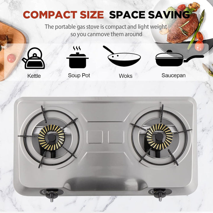 Propane Gas Cooktop 2 Burner Gas Stove Portable Stainless Steel Stove Auto Ignition Camping Dual LPG for RV, Apartment, Outdoor - Just Closeouts Canada Inc.