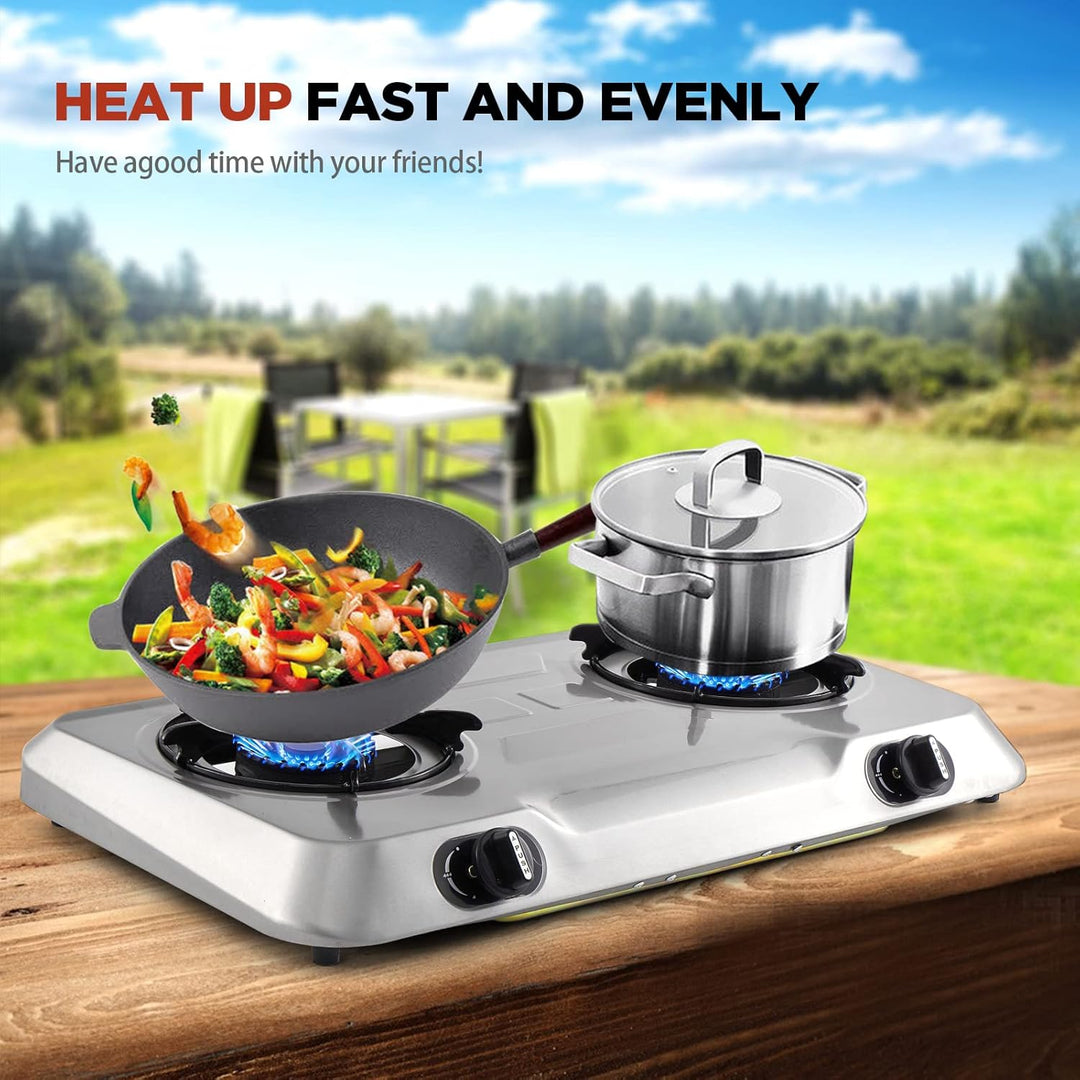 Propane Gas Cooktop 2 Burner Gas Stove Portable Stainless Steel Stove Auto Ignition Camping Dual LPG for RV, Apartment, Outdoor - Just Closeouts Canada Inc.