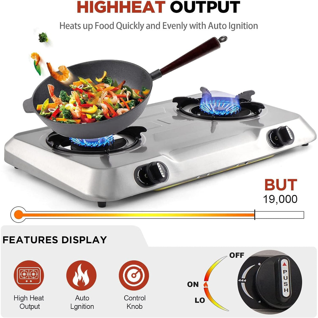 Propane Gas Cooktop 2 Burner Gas Stove Portable Stainless Steel Stove Auto Ignition Camping Dual LPG for RV, Apartment, Outdoor - Just Closeouts Canada Inc.