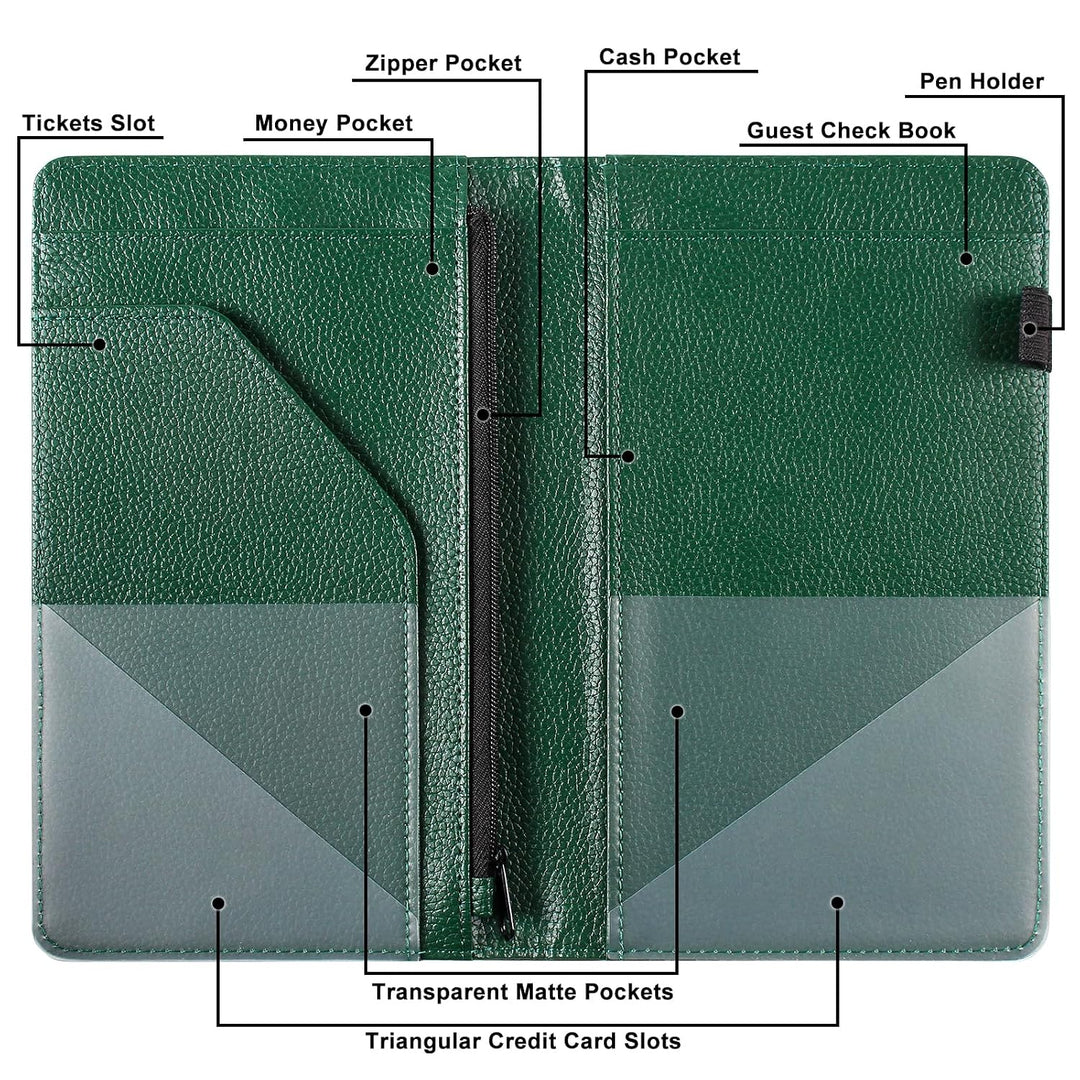 PU Leather Server Book with Zipper Pocket – Litchi Atrovirens Green - Just Closeouts Canada Inc.