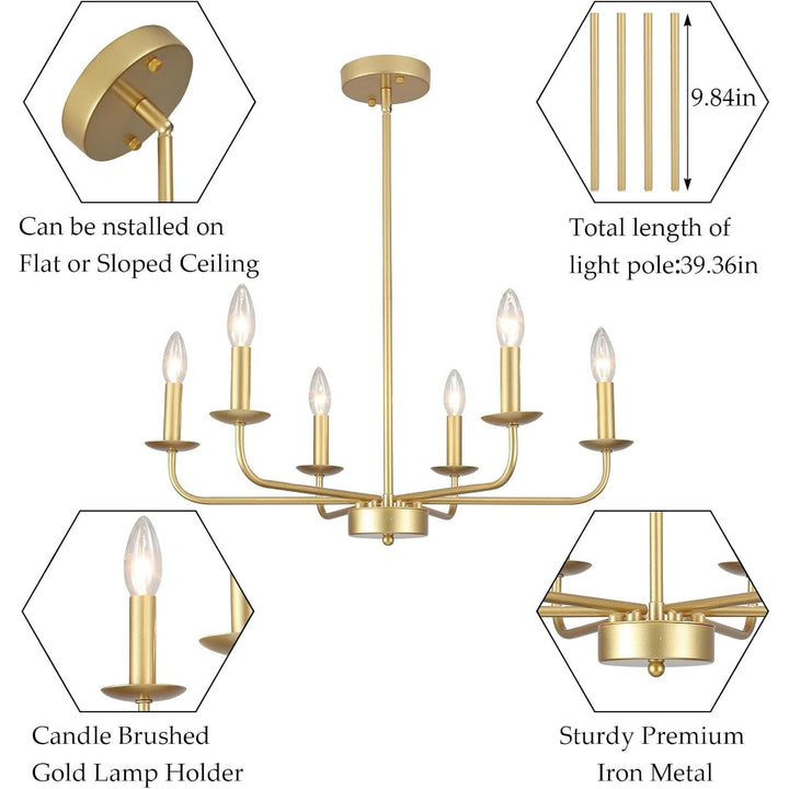 PUMING Gold Chandelier for Dining Room Modern Farmhouse Chandelier 6 Light Classic Candle Ceiling Hanging Light Fixture for Kitchen Living Bedroom Room Foyer Entryway - Just Closeouts Canada Inc.