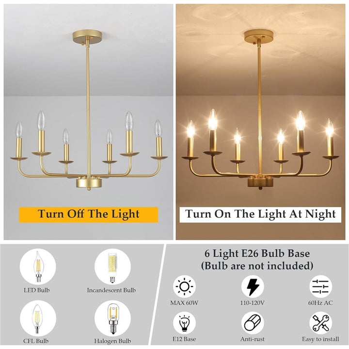 PUMING Gold Chandelier for Dining Room Modern Farmhouse Chandelier 6 Light Classic Candle Ceiling Hanging Light Fixture for Kitchen Living Bedroom Room Foyer Entryway - Just Closeouts Canada Inc.