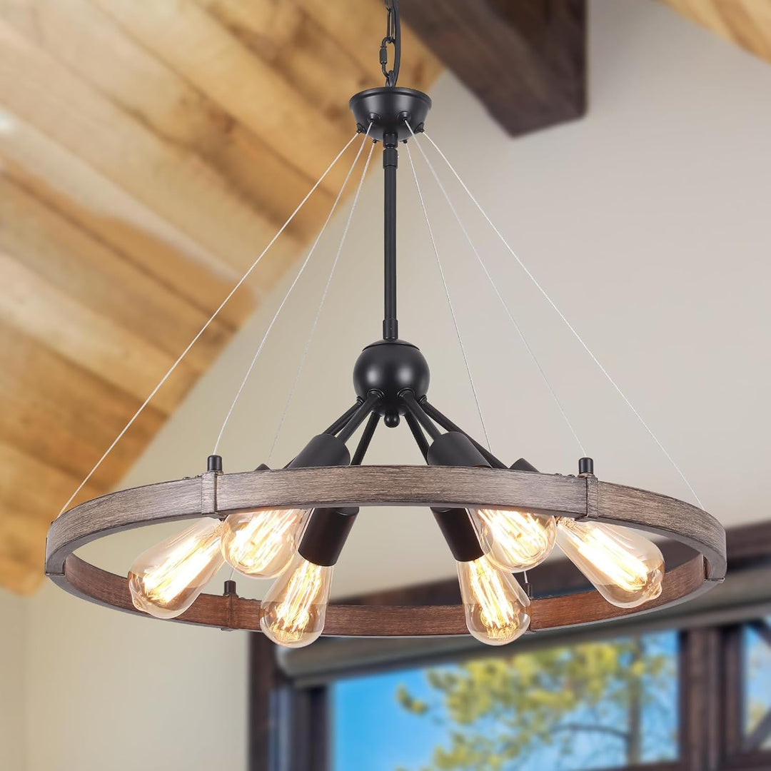 PUMING Wagon Wheel Chandelier 6 Light 24" Round Farmhouse Chandelier Rustic Metal Ceiling Pendant Hanging Light Fixture for Dining Room Kitchen Island Foyer Entryway - Just Closeouts Canada Inc.