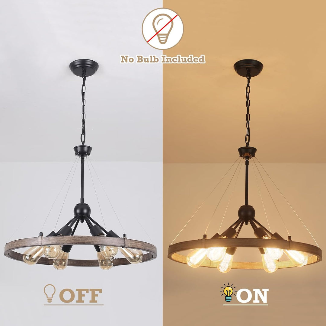 PUMING Wagon Wheel Chandelier 6 Light 24" Round Farmhouse Chandelier Rustic Metal Ceiling Pendant Hanging Light Fixture for Dining Room Kitchen Island Foyer Entryway - Just Closeouts Canada Inc.