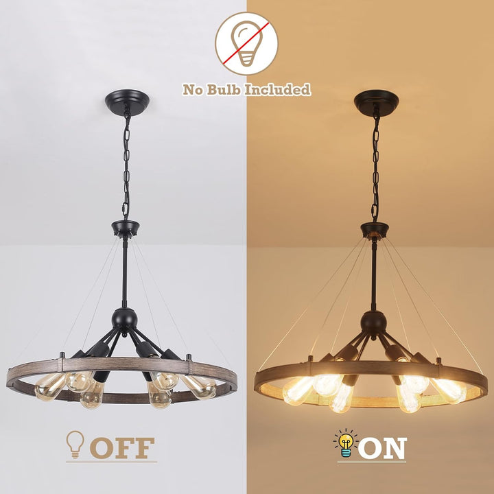 PUMING Wagon Wheel Chandelier 6 Light 24" Round Farmhouse Chandelier Rustic Metal Ceiling Pendant Hanging Light Fixture for Dining Room Kitchen Island Foyer Entryway - Just Closeouts Canada Inc.