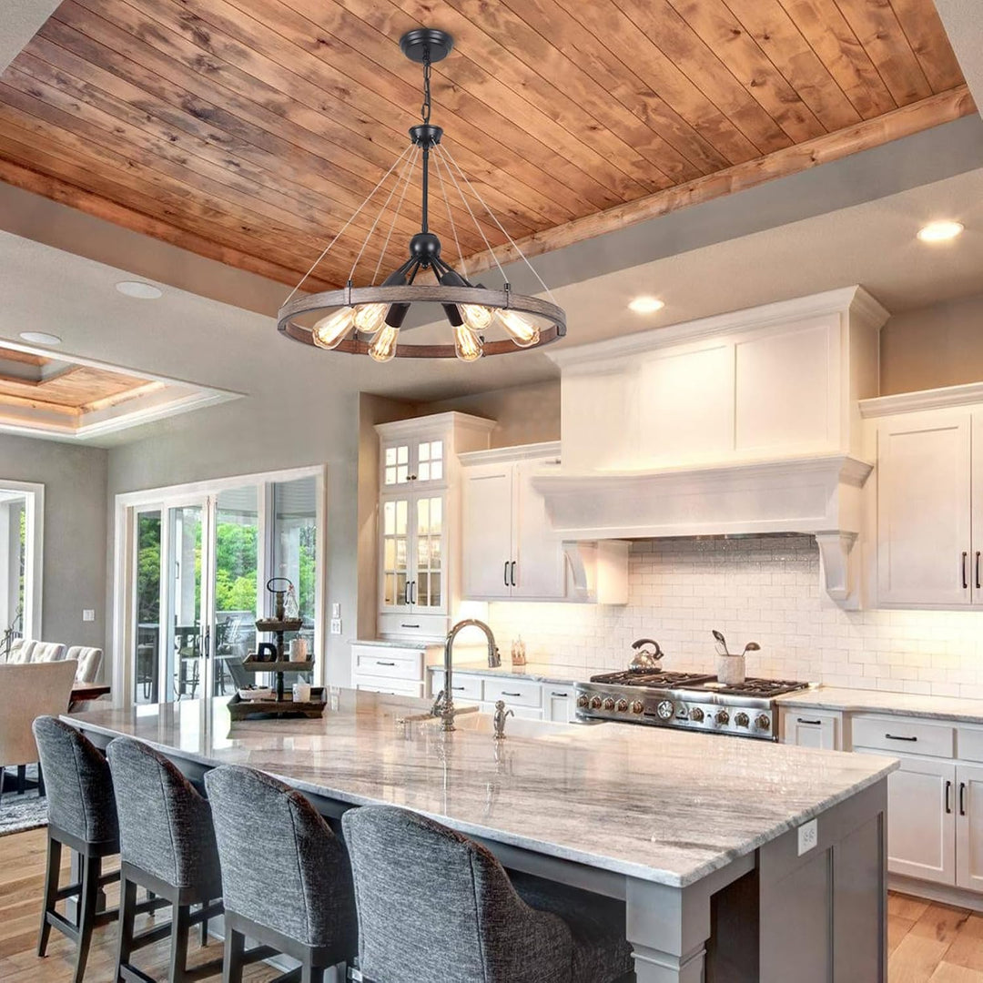 PUMING Wagon Wheel Chandelier 6 Light 24" Round Farmhouse Chandelier Rustic Metal Ceiling Pendant Hanging Light Fixture for Dining Room Kitchen Island Foyer Entryway - Just Closeouts Canada Inc.