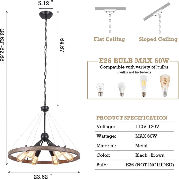 PUMING Wagon Wheel Chandelier 6 Light 24" Round Farmhouse Chandelier Rustic Metal Ceiling Pendant Hanging Light Fixture for Dining Room Kitchen Island Foyer Entryway - Just Closeouts Canada Inc.