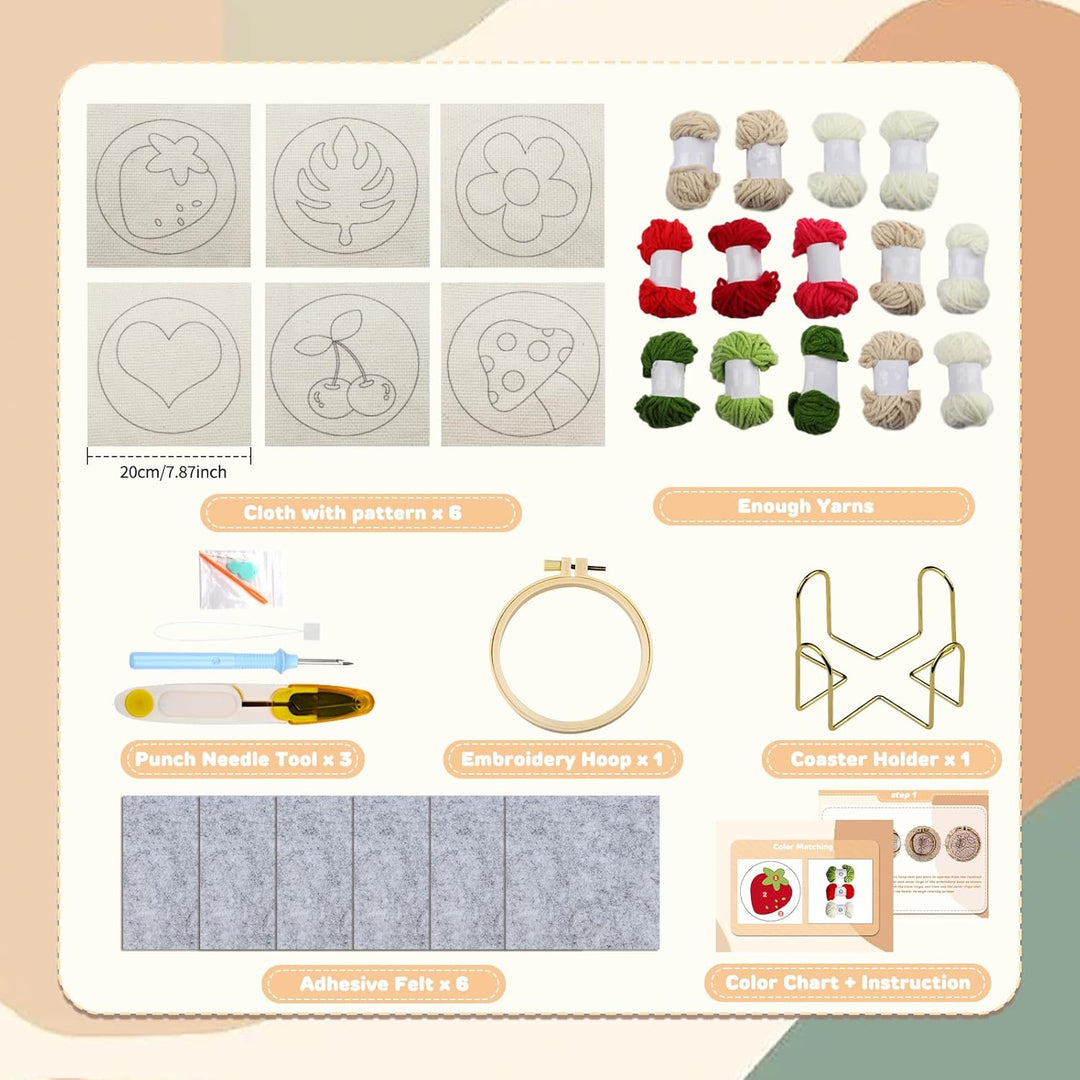 Punch Needle Coasters Kits for Adults, Simple Embroidery Kit for Beginners for Adult, EASY Punch Needle Coasters Kits for Beginners Include Tools Complete,10x10 cm (Red Beige Green) - Just Closeouts Canada Inc.