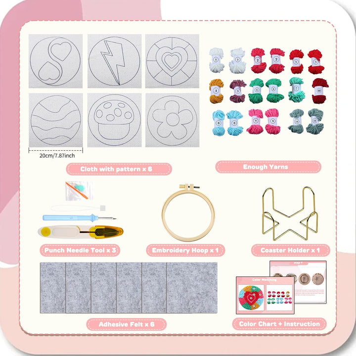 Punch Needle Coasters Kits for Adults, Simple Embroidery Kit for Beginners for Adult, Easy Punch Needle Coasters Kits for Beginners,10x10 cm (Red Green Pink) - Just Closeouts Canada Inc.