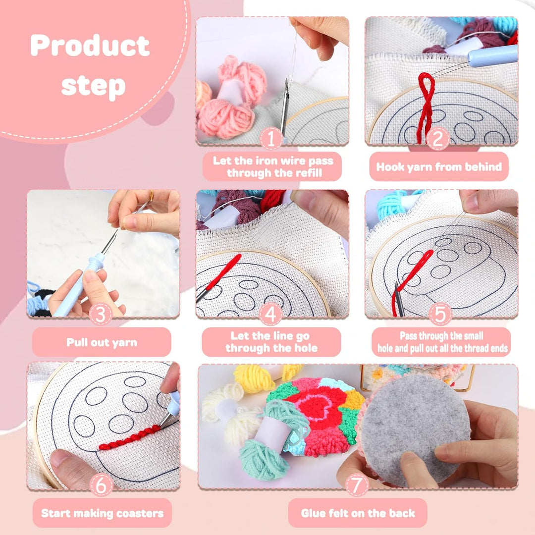 Punch Needle Coasters Kits for Adults, Simple Embroidery Kit for Beginners for Adult, Easy Punch Needle Coasters Kits for Beginners,10x10 cm (Red Green Pink) - Just Closeouts Canada Inc.