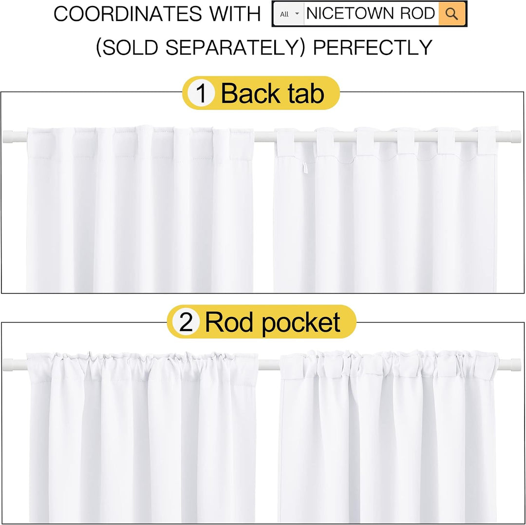 Back-tab and rod-pocket hanging options on Pure White curtains