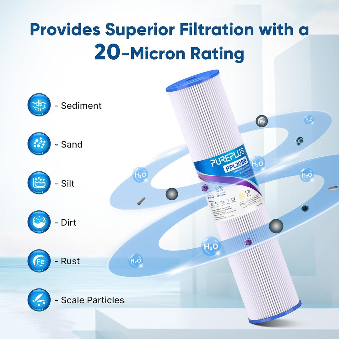 PUREPLUS 20" x 4.5" Whole House Pleated Sediment Filter for Well Water, Replacement Cartridge for ECP5 - BB, AP810 - 2, HDC3001, SPC - 45 - 1005, CP5 - BB, ECP1 - 20BB, 2Pack - Just Closeouts Canada Inc.