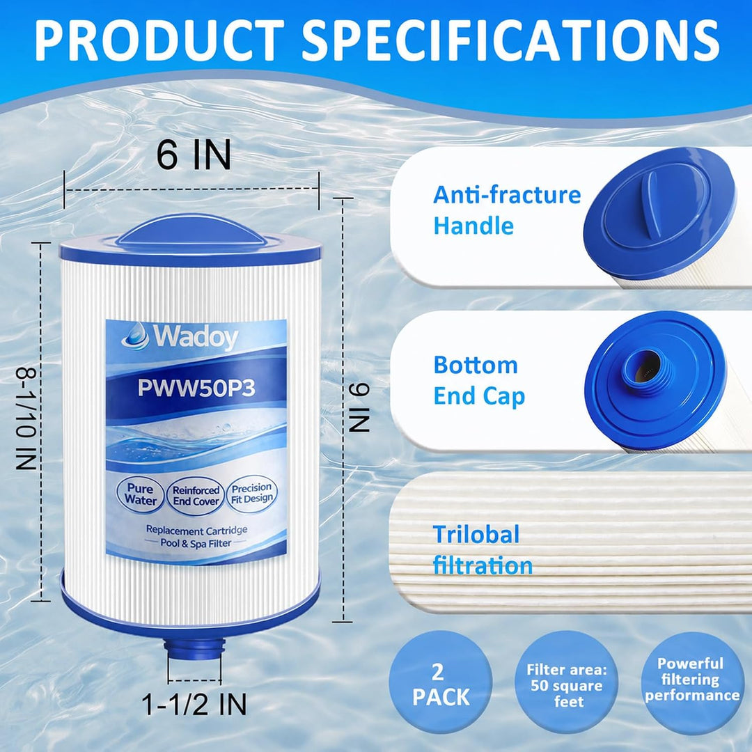 PWW50 Spa Filter Compatible with Pleatco Spa Hot Tub Filter, PWW50P3 Filter Compatible with Unicel 6CH-940, Filbur FC-0359, Waterways 817-0050 Front Access Skimmer Aber Hot Tubs, 2 Pack - Just Closeouts Canada Inc.