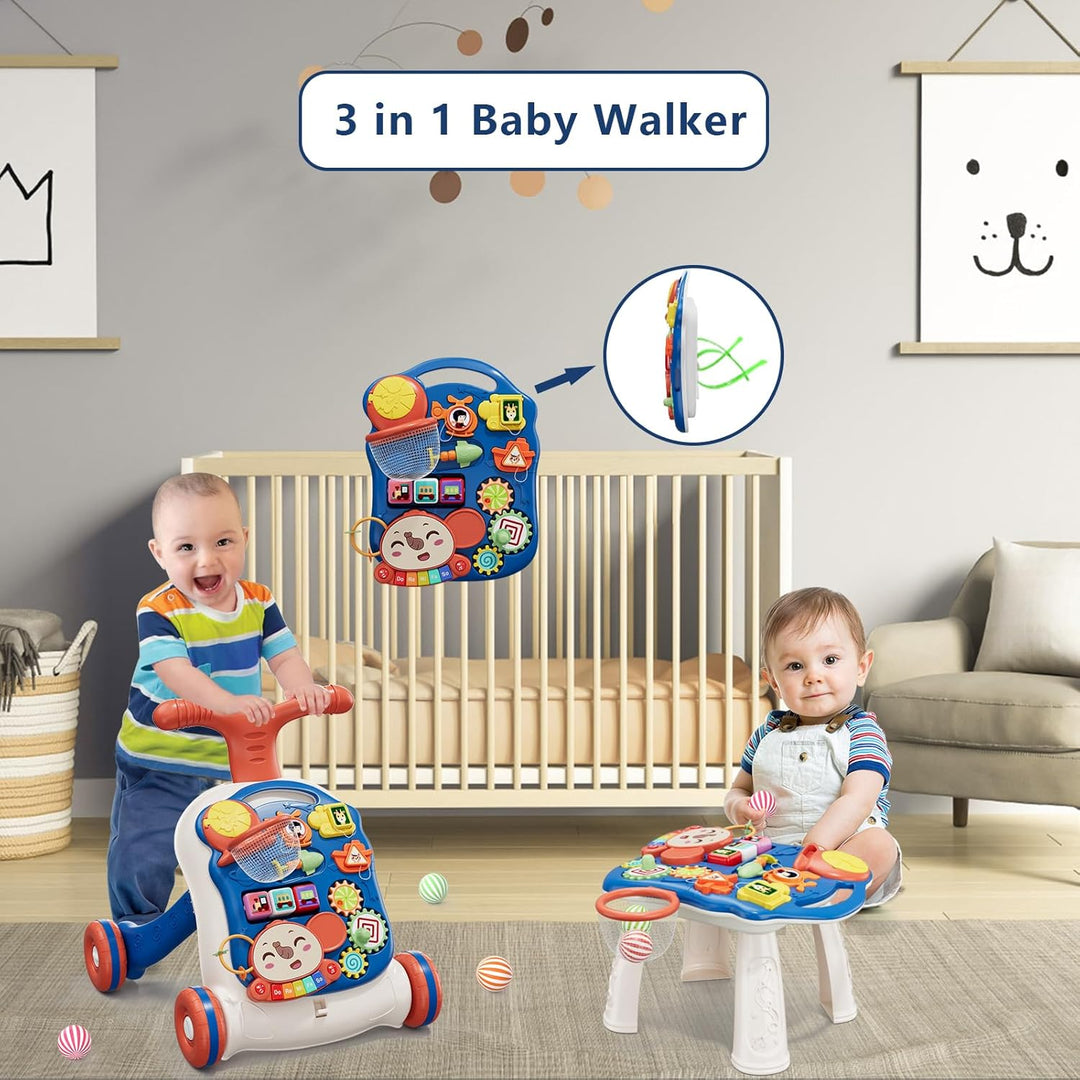 QDRAGON 3 in 1 Baby Walkers for Boys, Baby Push Walker and Activity Center, Sit to Stand Walker Toy, Early Learning Push Toys for Toddler Infant 12+ Months Blue - Just Closeouts Canada Inc.