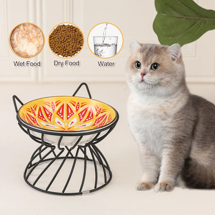 Raised Ceramic Cat Food Bowl - Elevated Cat Dish with Anti Slip Metal Stand - Wide Shallow Cat Bowl Whisker Friendly - Small Cat Plate - Cute Cat Feeding Bowls - Microwave and Dishwasher Safe - 8 oz - Just Closeouts Canada Inc.X003SDIPTZ