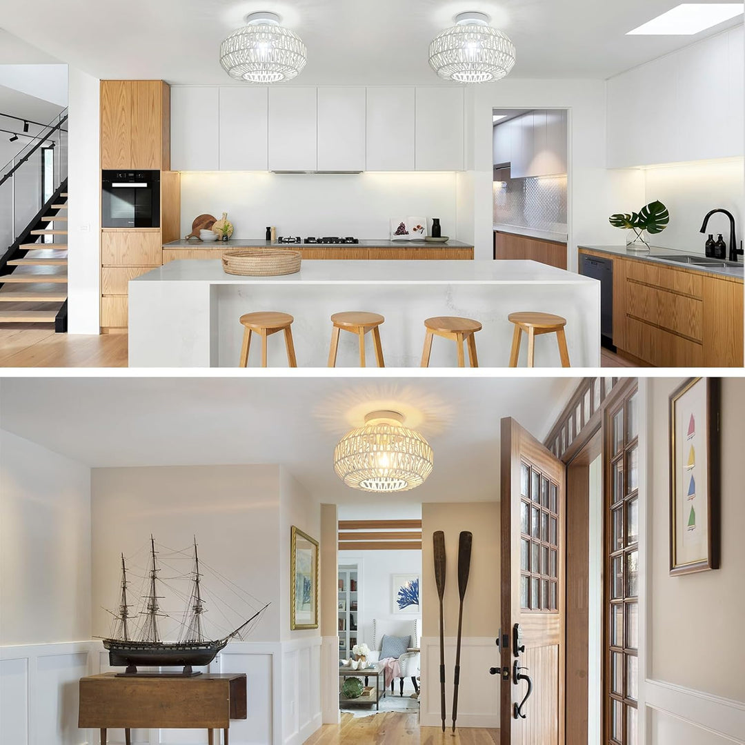 Rattan Boho Light fixtures Ceiling,White semi Flush Mount Ceiling Light Fixture,Bedroom Kitchen Hallway Light fixtures Ceiling, Boho Chandelier Small Mini Chandelier - Just Closeouts Canada Inc.