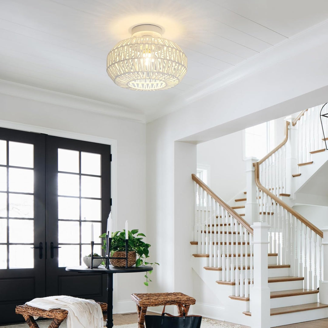 Rattan Boho Light fixtures Ceiling,White semi Flush Mount Ceiling Light Fixture,Bedroom Kitchen Hallway Light fixtures Ceiling, Boho Chandelier Small Mini Chandelier - Just Closeouts Canada Inc.