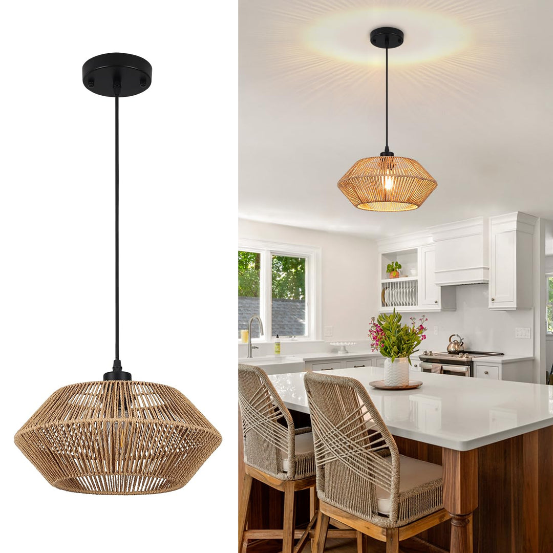 Rattan Pendant Light Fixture Boho Pendant Lighting for Kitchen Island Lighting Wicker Light Fixtures Ceiling Hanging, 1 Light Woven Chandelier for Bedroom Dining Room Staircase Hallway - Just Closeouts Canada Inc.