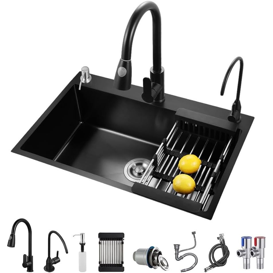 RCCRNNPP Black Kitchen Sink, Stainless Steel Single Bowl Sink, Drop in/Topmount Workstation Sink with Sliding Accessories, Farmhouse Workstation Sink with Multiple Accessories (19.7 x 17.7in) - Just Closeouts Canada Inc.