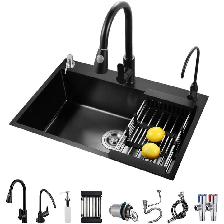 RCCRNNPP Black Kitchen Sink, Stainless Steel Single Bowl Sink, Drop in/Topmount Workstation Sink with Sliding Accessories, Farmhouse Workstation Sink with Multiple Accessories (19.7 x 17.7in) - Just Closeouts Canada Inc.