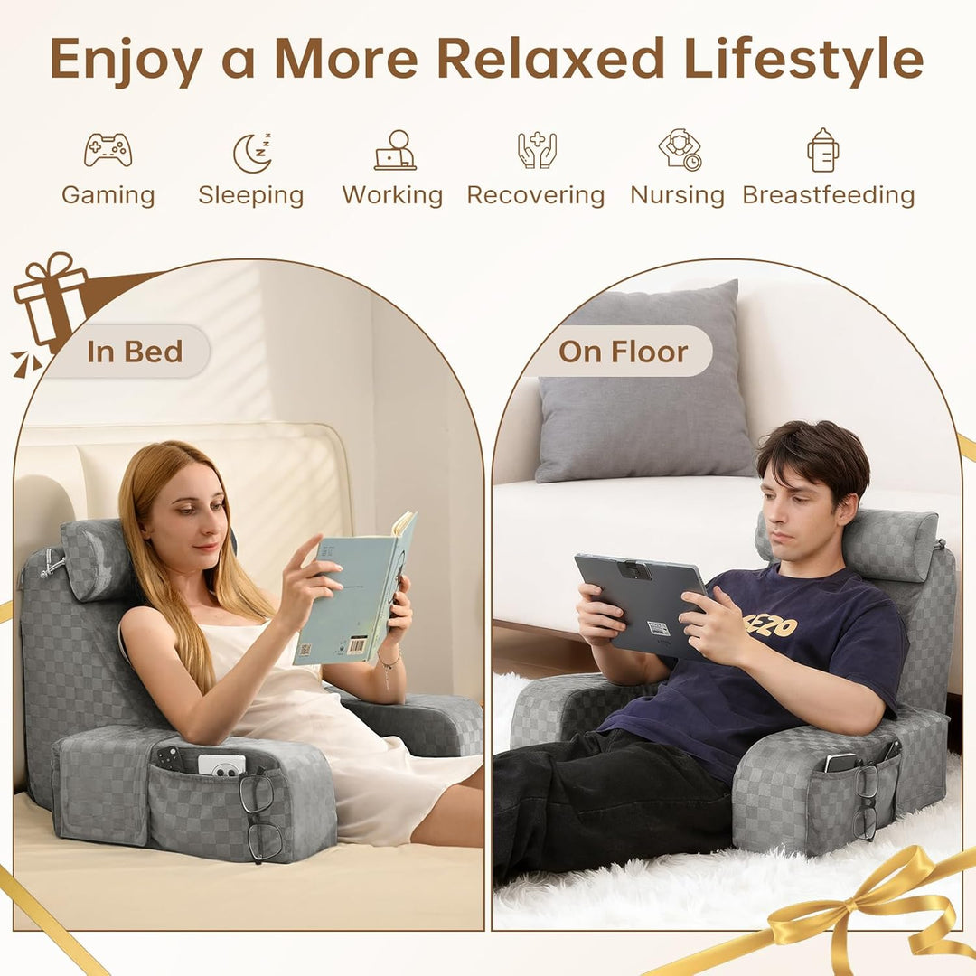 Reading Pillow for Adults – Ergonomic 45° Wedge Back Support Chair for Sitting in Bed, XL Side Pockets, Perfect for Working, Gaming, Watching TV, Relaxing, or Recovery, Great Gift Idea, 19” - Just Closeouts Canada Inc.
