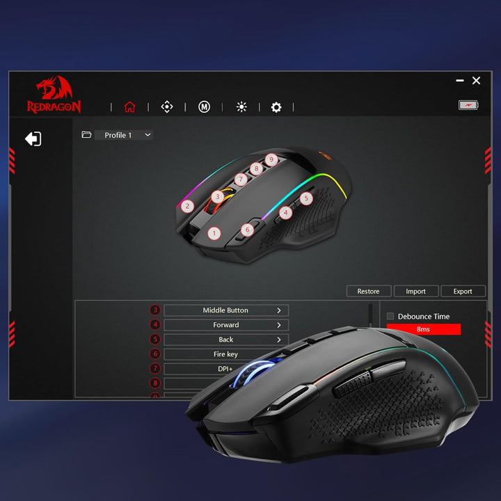 Redragon M991 Wireless Gaming Mouse, 26000 DPI 3 - Mode Gamer Mice w/Rapid Fire Key, 9 Macro Buttons, Powerful Capacity and RGB Backlight for PC/Mac/Laptop, Black - Just Closeouts Canada Inc.