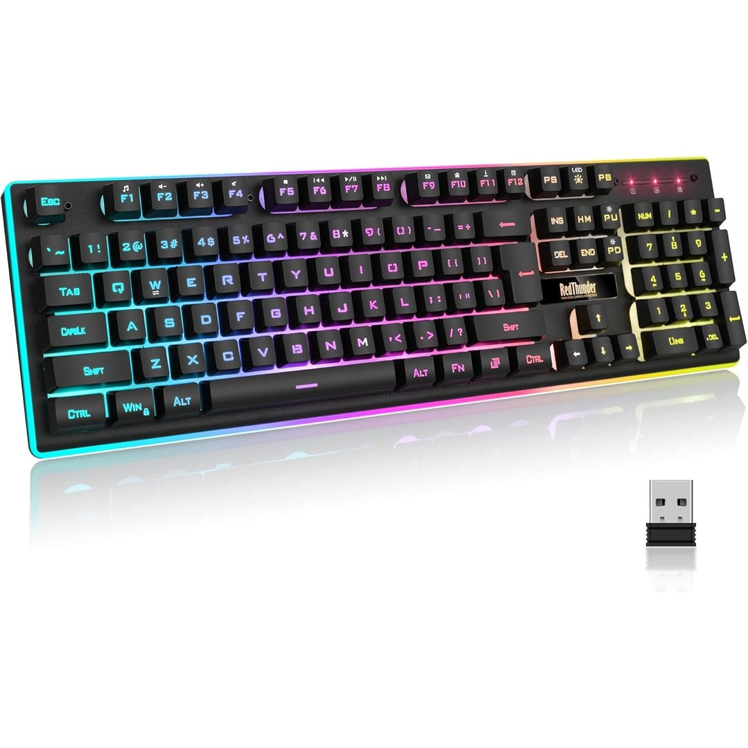 RedThunder K10 Wireless Gaming Keyboard, Rechargeable + Quiet + Slim + Mechanical Feeling + Water - Resistant + Metal Cover, 2.4G LED Backlit Wireless Keyboard for PC PS5 Xbox One Mac (Black) - Just Closeouts Canada Inc.