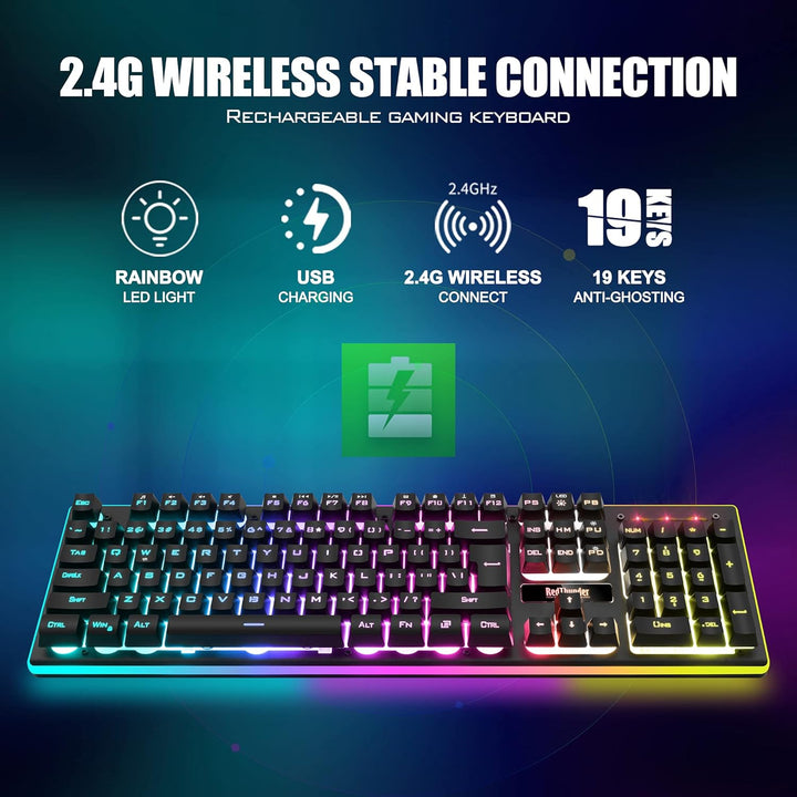RedThunder K10 Wireless Gaming Keyboard, Rechargeable + Quiet + Slim + Mechanical Feeling + Water - Resistant + Metal Cover, 2.4G LED Backlit Wireless Keyboard for PC PS5 Xbox One Mac (Black) - Just Closeouts Canada Inc.