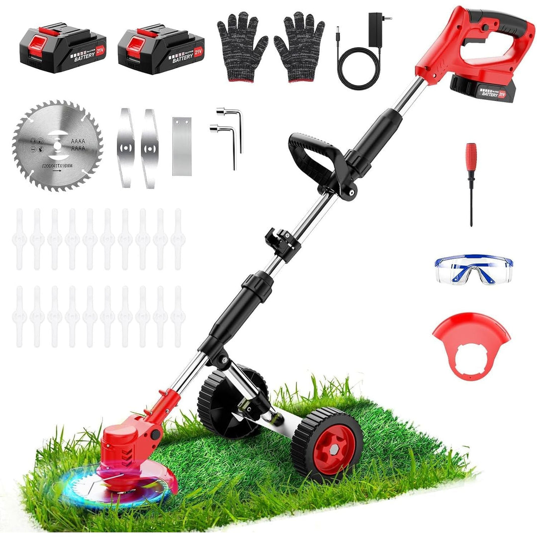 reffmov Weed Wacker with Wheels, Electric Weed Trimmer, Weed Eater 21V Battery Powered, Cordless String Trimmer Brush Cutter, Lawn Mower Edger Lawn Tool for Garden Yard - Just Closeouts Canada Inc.