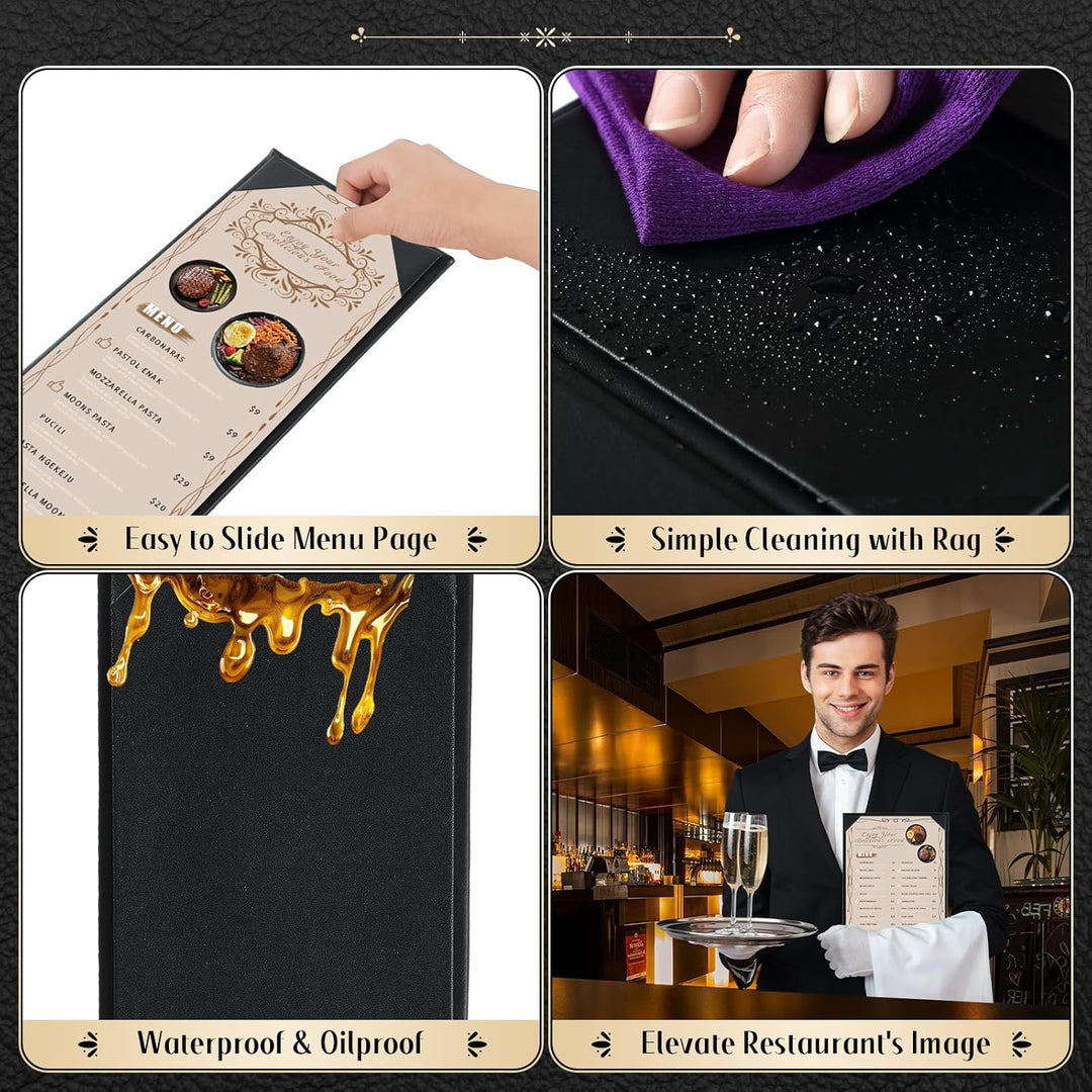 Restaurant Menu Covers 4.25" x 11" | 10 Pack Synthetic Leather Holders Letter Size Black Menu Sleeves for Wine List, Drinks (10, Single Panel 1 View (4.25 x 11 inch)) - Just Closeouts Canada Inc.