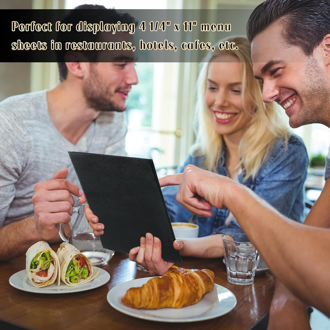 Restaurant Menu Covers 4.25" x 11" | 10 Pack Synthetic Leather Holders Letter Size Black Menu Sleeves for Wine List, Drinks (10, Single Panel 1 View (4.25 x 11 inch)) - Just Closeouts Canada Inc.