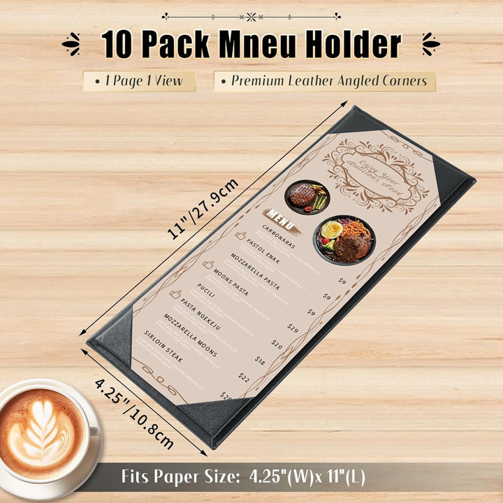 Restaurant Menu Covers 4.25" x 11" | 10 Pack Synthetic Leather Holders Letter Size Black Menu Sleeves for Wine List, Drinks (10, Single Panel 1 View (4.25 x 11 inch)) - Just Closeouts Canada Inc.