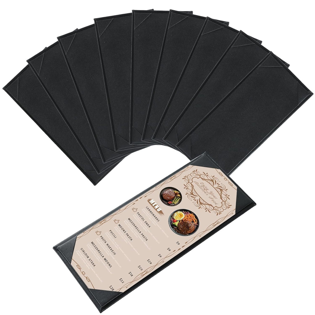 Restaurant Menu Covers 4.25" x 11" | 10 Pack Synthetic Leather Holders Letter Size Black Menu Sleeves for Wine List, Drinks (10, Single Panel 1 View (4.25 x 11 inch)) - Just Closeouts Canada Inc.