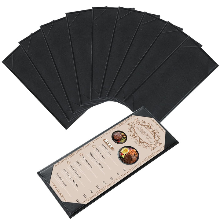 Restaurant Menu Covers 4.25" x 11" | 10 Pack Synthetic Leather Holders Letter Size Black Menu Sleeves for Wine List, Drinks (10, Single Panel 1 View (4.25 x 11 inch)) - Just Closeouts Canada Inc.