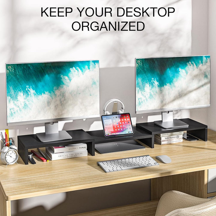 Rfiver Dual Monitor Stand, Desk Monitor Riser with 48.2" Adjustable Length and Angle, Computer Monitor Stand for Desk Riser Shelf, Office Supplies, Computer Accessories, Black - Just Closeouts Canada Inc.