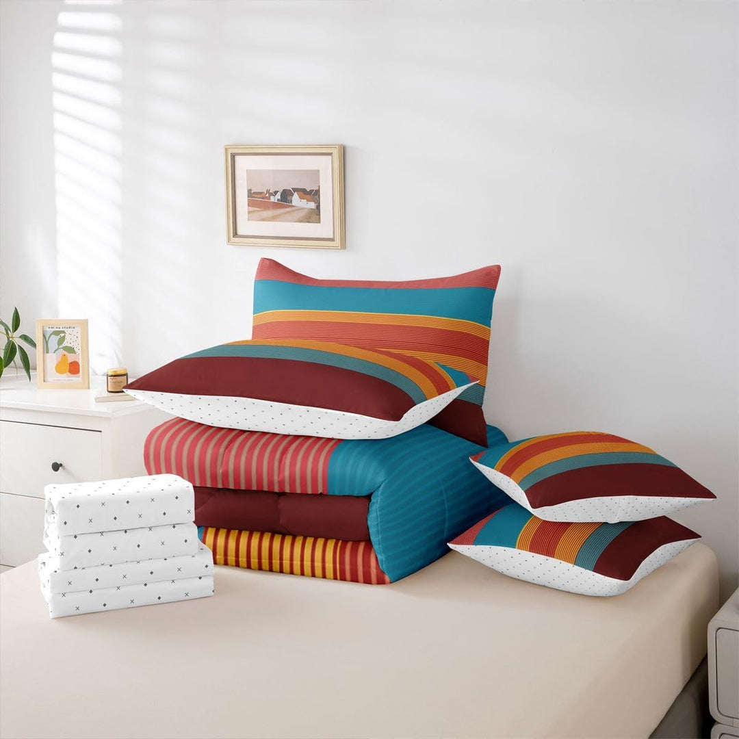 Rose Red, Blue & Orange Striped Twin 7-Piece Bedding Set - Just Closeouts Canada Inc.X004YEBQ8J