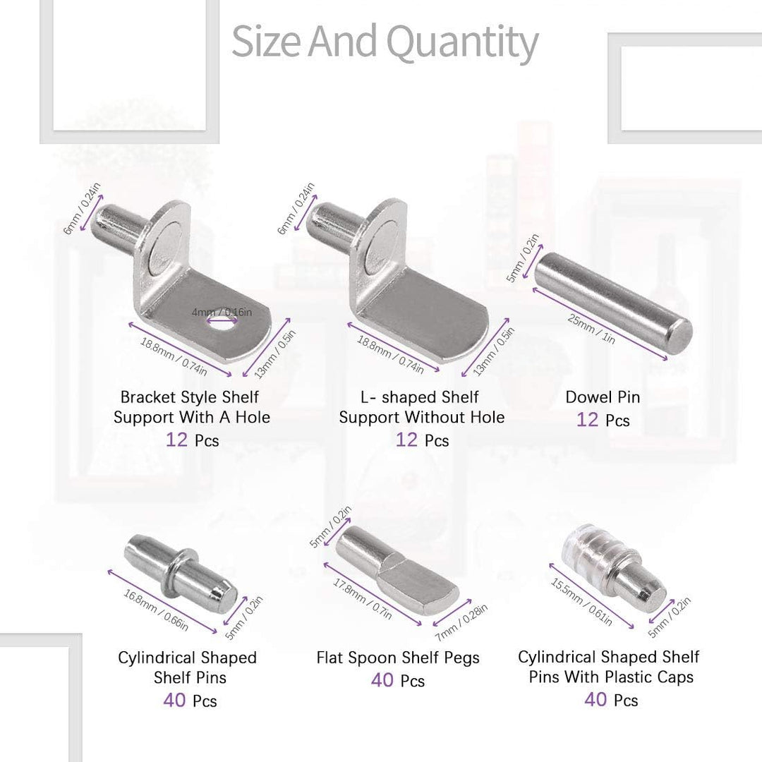 Six styles of nickel-finish shelf pins