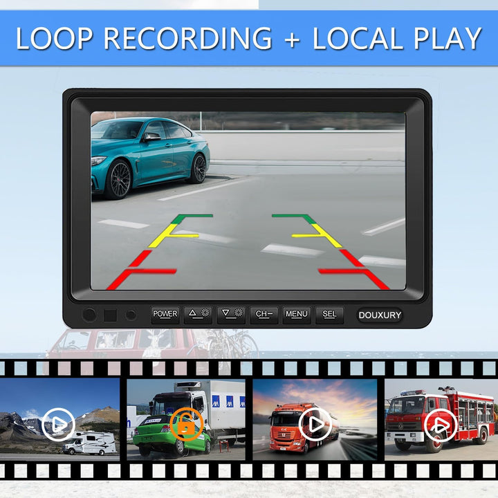 RV Backup Camera System with 7'' Quad Split 1080P Monitor for Truck Trailer Semi Camper Bus & 4 AHD Rear Side View Camera with DVR Record Function IP69 Waterproof Night Vision Avoid Blind Spot DOUXURY - Just Closeouts Canada Inc.