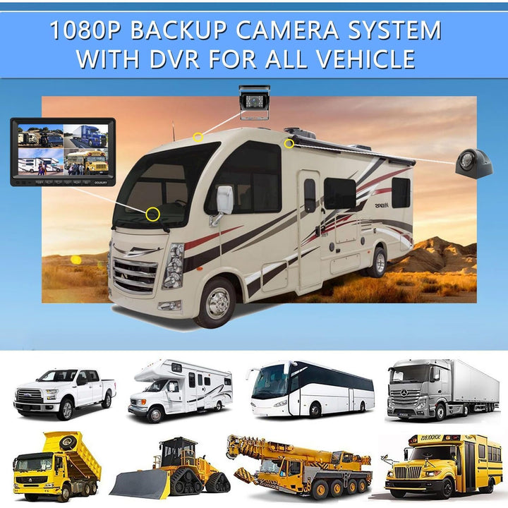 RV Backup Camera System with 7'' Quad Split 1080P Monitor for Truck Trailer Semi Camper Bus & 4 AHD Rear Side View Camera with DVR Record Function IP69 Waterproof Night Vision Avoid Blind Spot DOUXURY - Just Closeouts Canada Inc.