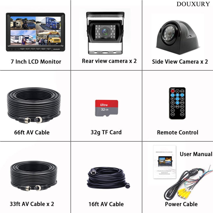 RV Backup Camera System with 7'' Quad Split 1080P Monitor for Truck Trailer Semi Camper Bus & 4 AHD Rear Side View Camera with DVR Record Function IP69 Waterproof Night Vision Avoid Blind Spot DOUXURY - Just Closeouts Canada Inc.